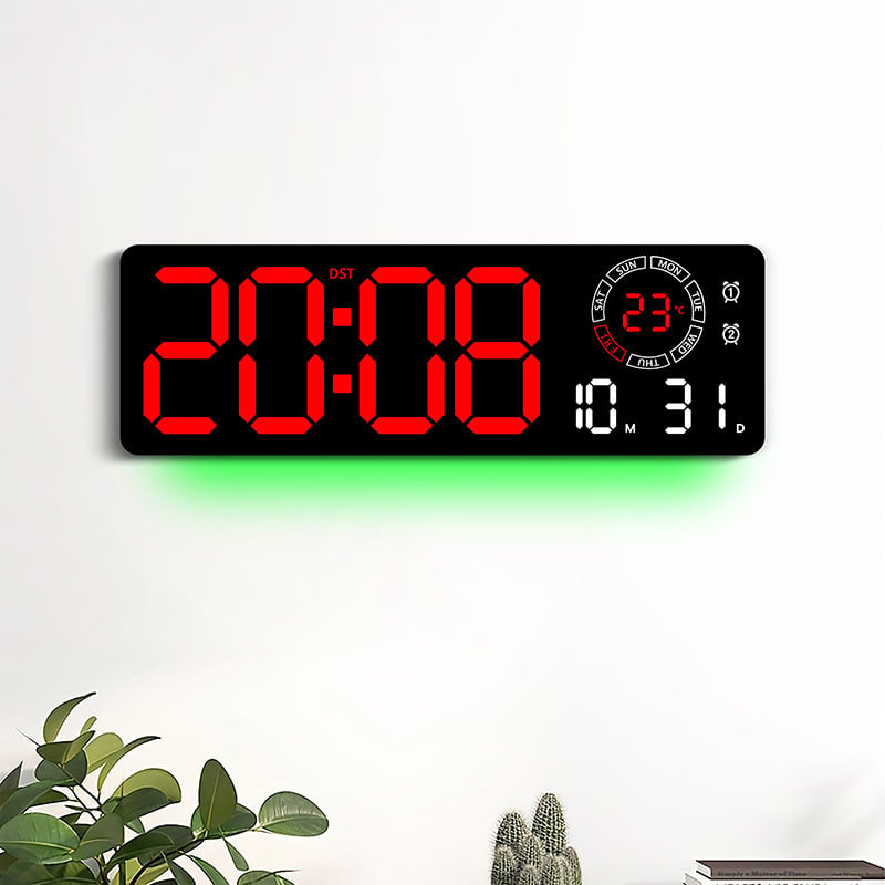 Sjajni, kreativni LED digitalni zidni sat – pravokutnog oblika, moderan za dnevni boravak, s dvama alarmima, kalendarom, termometrom i 24-satnim prikazom (Model 6688)