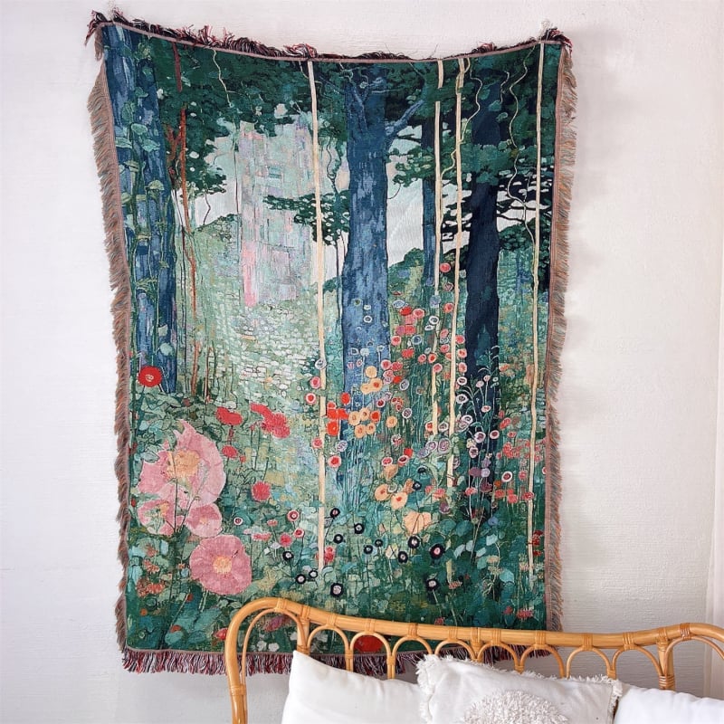 Gobelin inspiriran Klimtom, stil sredine stoljeća, zidni ukras, pleteni pokrivač za kauč