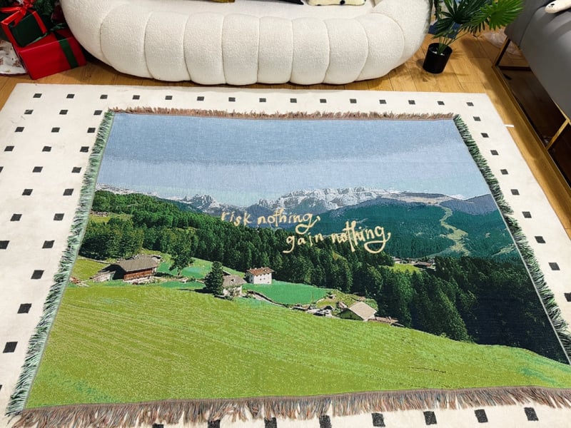 Pamuk deka za kauč s pejzažom zelenih planina u stilu uljne slike, dekorativna tapiserija za dnevni boravak