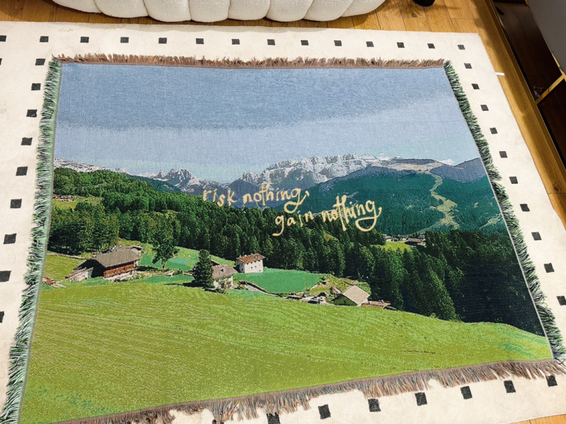 Pamuk deka za kauč s pejzažom zelenih planina u stilu uljne slike, dekorativna tapiserija za dnevni boravak