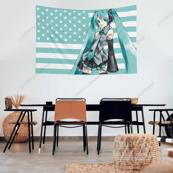 Gobelin s Hatsune Miku i motiv zastave plavo-bijeli prugasti uzorak sa zvjezdicama za estetsku kućnu dekoraciju