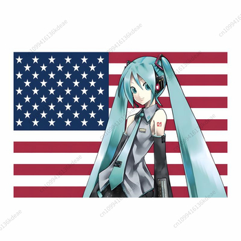 Gobelin s Hatsune Miku i motiv zastave plavo-bijeli prugasti uzorak sa zvjezdicama za estetsku kućnu dekoraciju