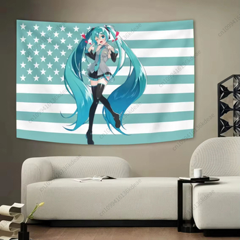 Gobelin s Hatsune Miku i motiv zastave plavo-bijeli prugasti uzorak sa zvjezdicama za estetsku kućnu dekoraciju