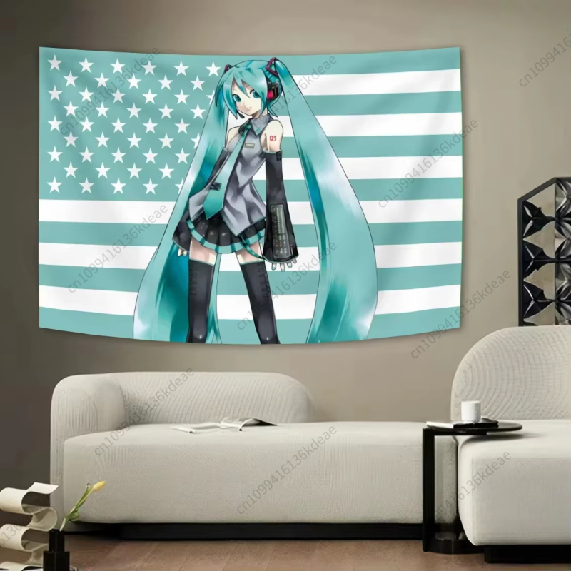 Gobelin s Hatsune Miku i motiv zastave plavo-bijeli prugasti uzorak sa zvjezdicama za estetsku kućnu dekoraciju