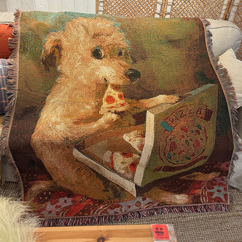 Pizza Dog: tapiserija za zid u retro stilu uljane slike, tekstilna dekoracija, DIY umjetnost, deka za kauč
