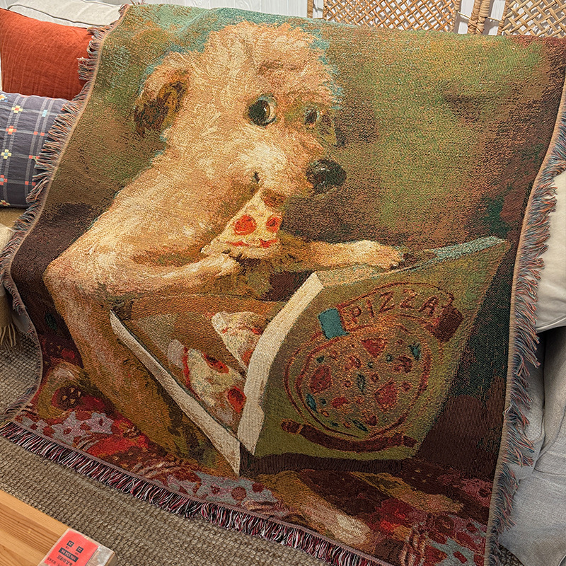 Pizza Dog: tapiserija za zid u retro stilu uljane slike, tekstilna dekoracija, DIY umjetnost, deka za kauč
