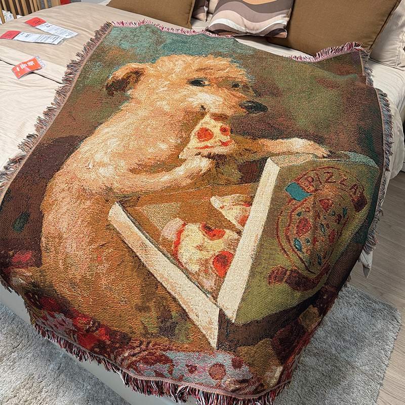 Pizza Dog: tapiserija za zid u retro stilu uljane slike, tekstilna dekoracija, DIY umjetnost, deka za kauč