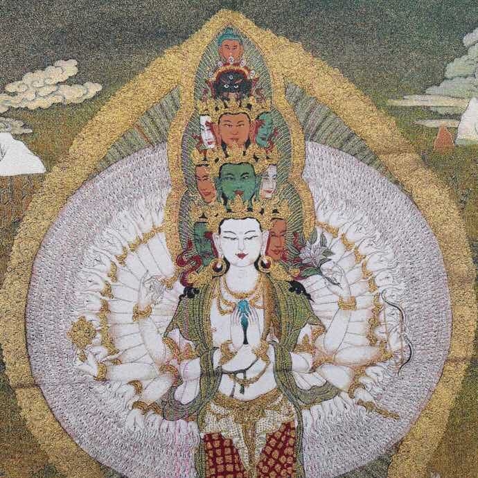 Retro brokatna Thangka vezena slika na tkanini s tibetanskim zlatnim slovima
