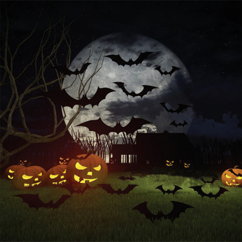 Set od 12 zidnih naljepnica za Halloween - crni 3D šišmiši od PVC za dnevni boravak