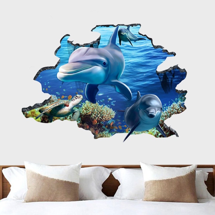 3D Ocean World naljepnica za zid s dupinom, samoljepljiva, vodootporna, dekor dnevnog boravka, spavaće sobe i kupaonice, PVC