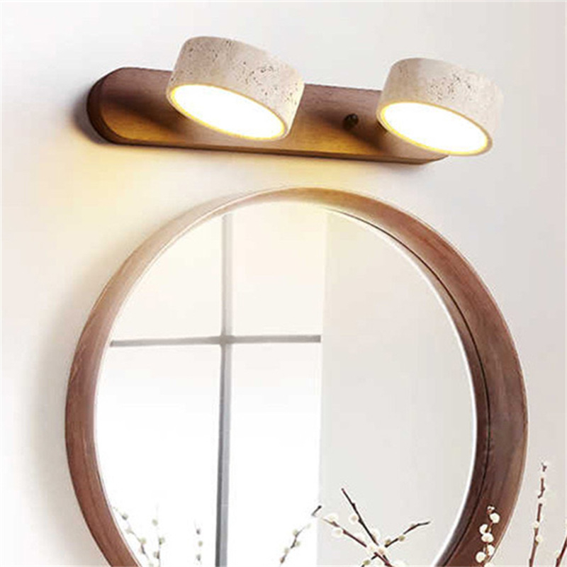 Retro zidna lampa s orahovim drvom i žutim travertinskim sjenilom, pogodna za toaletni stol i kupaonski ogledalo