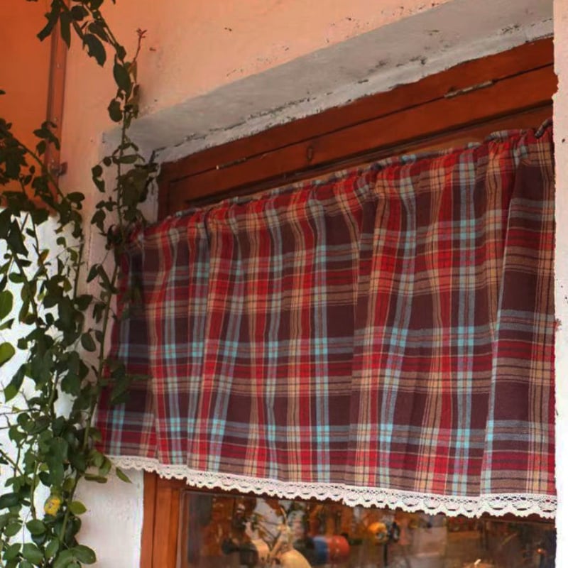 Kockasta pamut-lanena kratka zavjesa, američki retro stil, dekorativna zavjesa za prozor i ormar