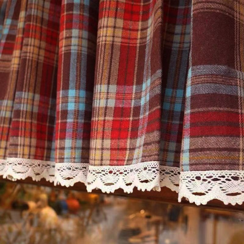 Kockasta pamut-lanena kratka zavjesa, američki retro stil, dekorativna zavjesa za prozor i ormar