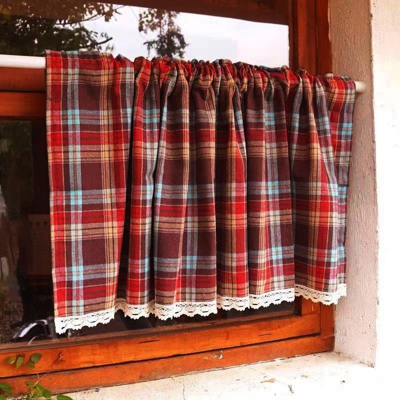 Kockasta pamut-lanena kratka zavjesa, američki retro stil, dekorativna zavjesa za prozor i ormar