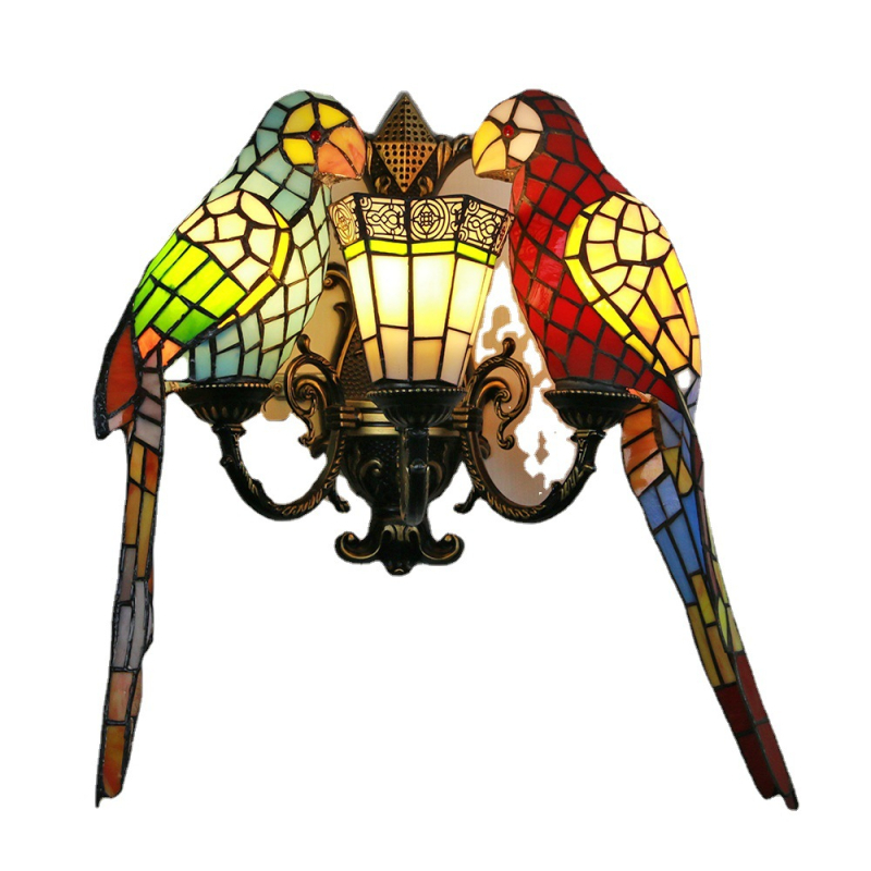 Zidna lampa u europskom stilu s višestrukim papagajem, vitražno sjenilo, LED svjetlo