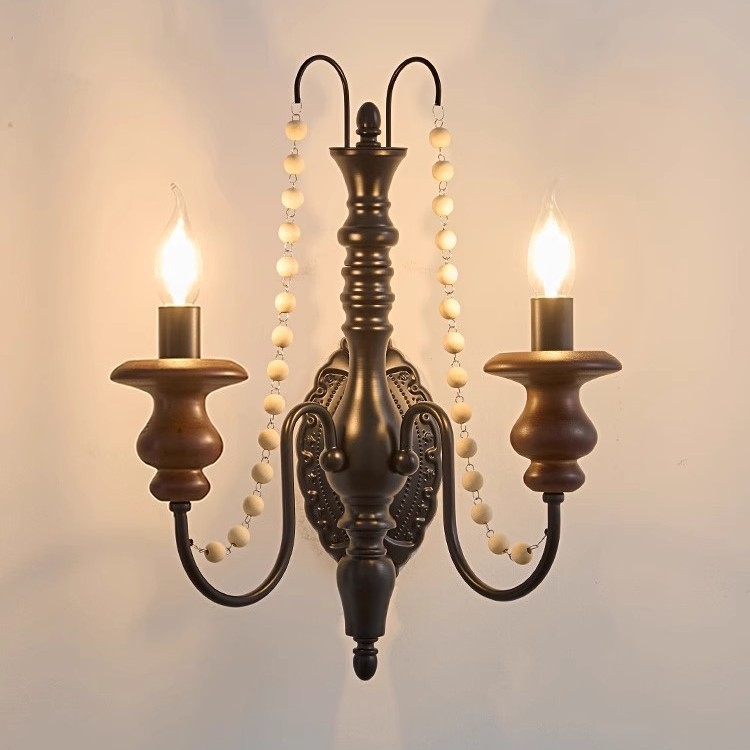 Retro zidna svjetiljka s perlama, američki mid-century stil, za spavaću sobu i hodnik, metalno tijelo, drveno sjenilo, LED