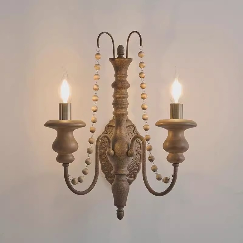 Retro zidna svjetiljka s perlama, američki mid-century stil, za spavaću sobu i hodnik, metalno tijelo, drveno sjenilo, LED