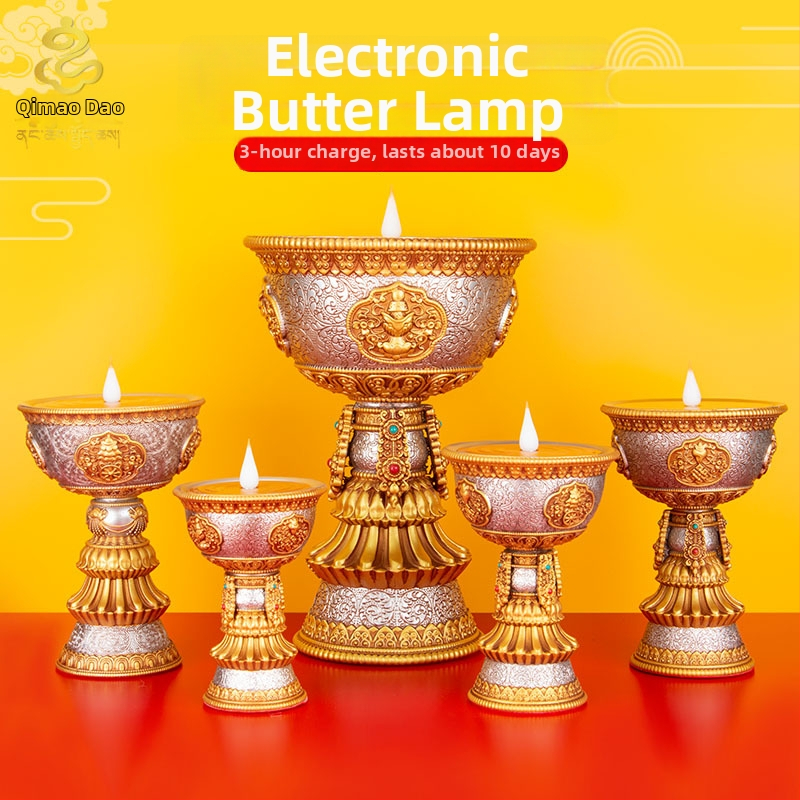 Tibetský štýl elektronická maslová lampa s nabíjaním pre domáci oltár, lotus LED večné svetlo