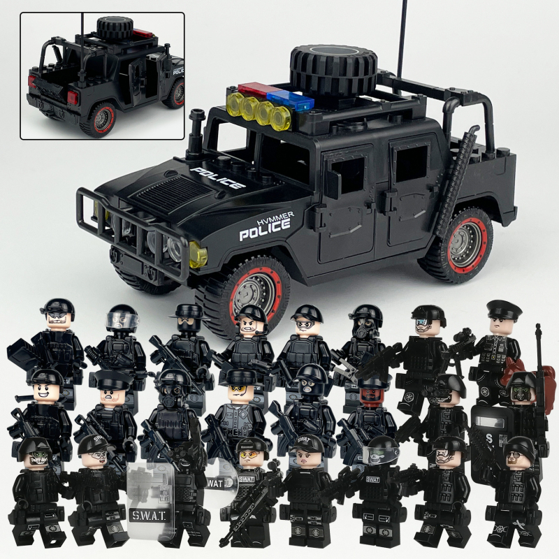 L37 Set Hummer Auto za djecu: mini blokovi, SWAT figurice, oružje i štitovi