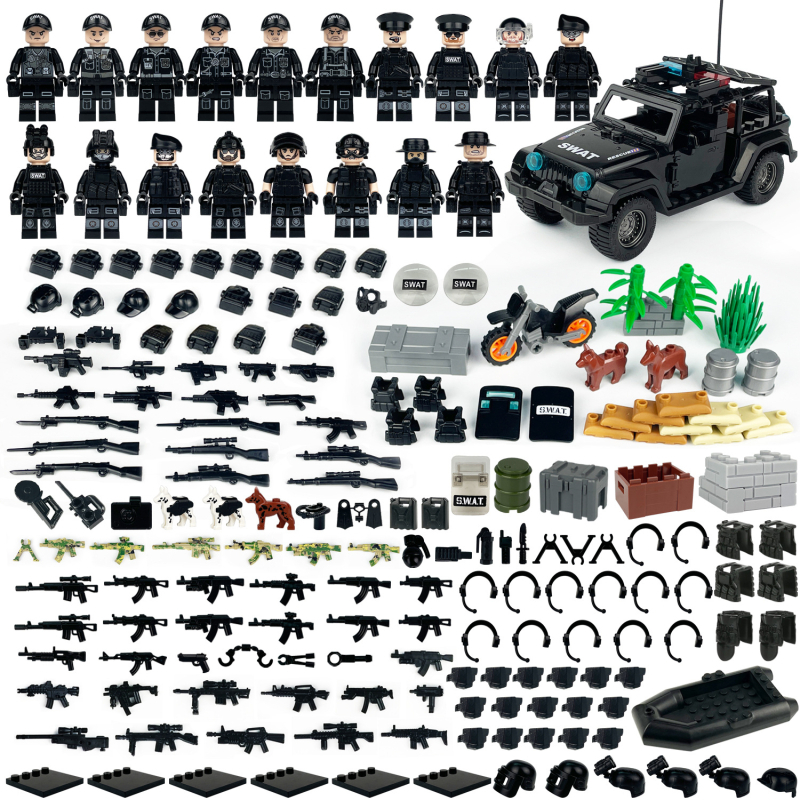 L37 Set Hummer Auto za djecu: mini blokovi, SWAT figurice, oružje i štitovi