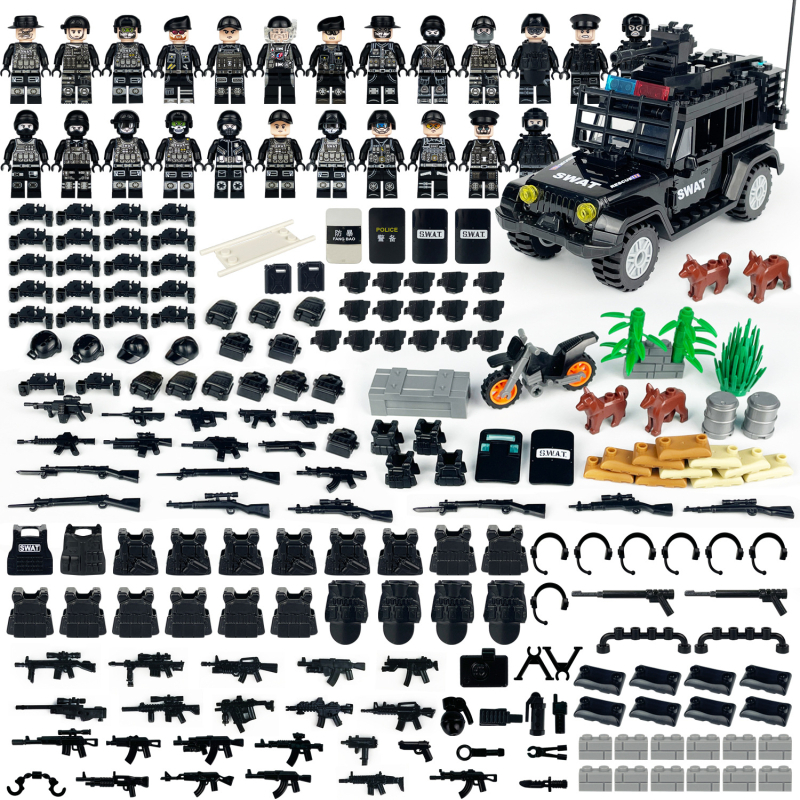L37 Set Hummer Auto za djecu: mini blokovi, SWAT figurice, oružje i štitovi