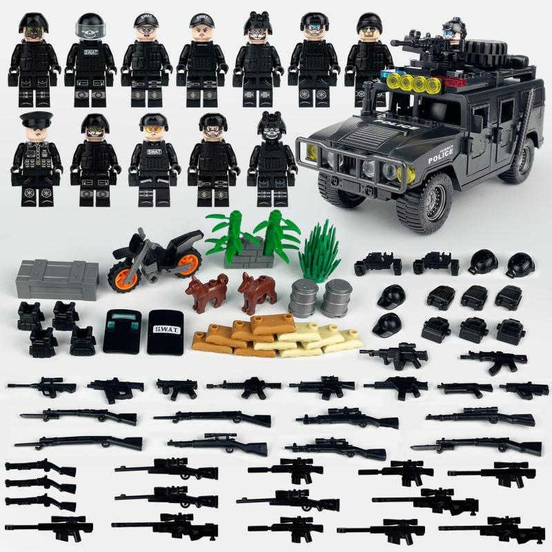 L37 Set Hummer Auto za djecu: mini blokovi, SWAT figurice, oružje i štitovi