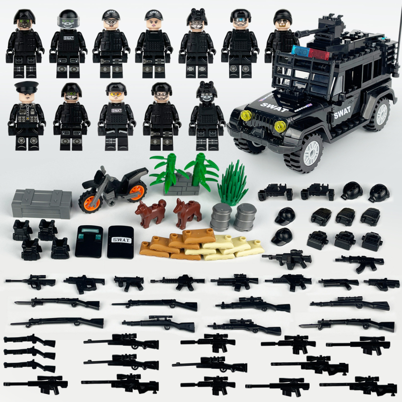 L37 Set Hummer Auto za djecu: mini blokovi, SWAT figurice, oružje i štitovi