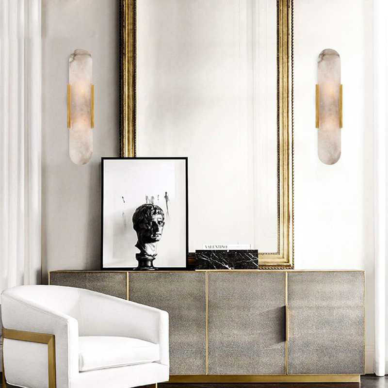Zidna lampa od čitavog bakra s mramornim završetkom, nordijski stil, postmoderni dizajn, minimalistička noćna lampa za spavaću sobu i hodnik