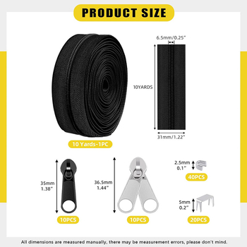 Set de reparații fermoar: 5 kituri, fermoar din nylon de 10 yarzi, 10 mânere de tragere, 10 glisiere cu cap dublu, 60 opritoare superioare și inferioare