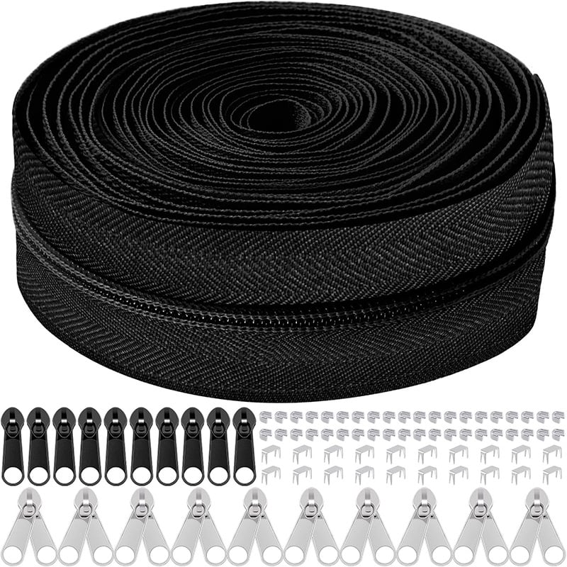 Set de reparații fermoar: 5 kituri, fermoar din nylon de 10 yarzi, 10 mânere de tragere, 10 glisiere cu cap dublu, 60 opritoare superioare și inferioare