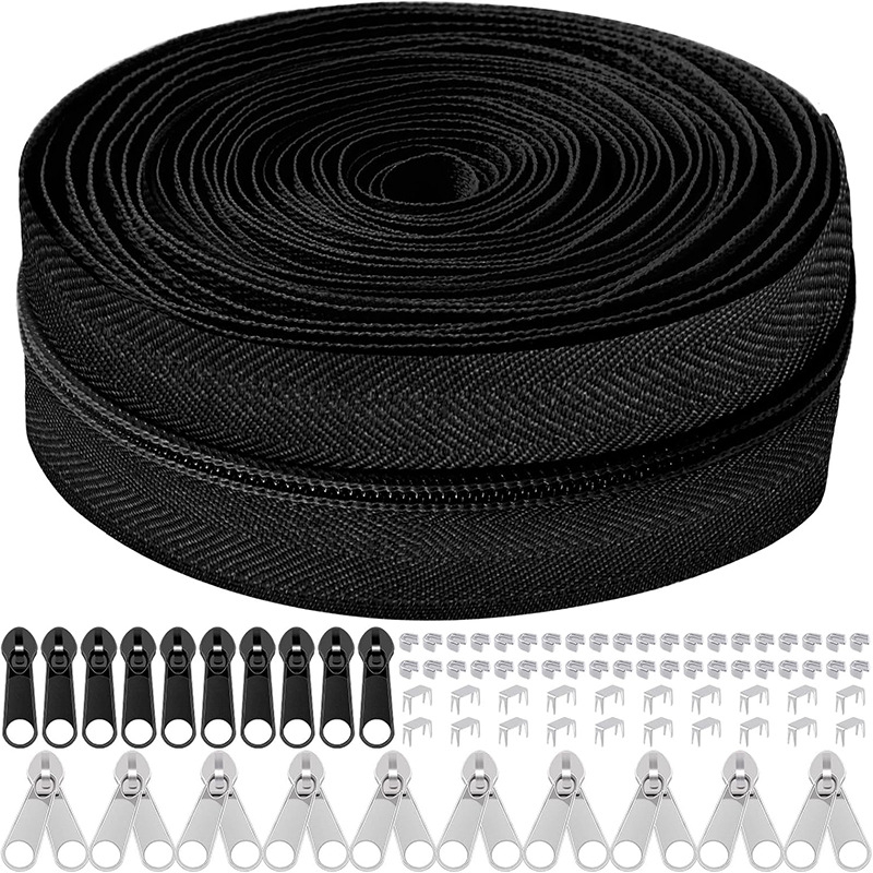 Set de reparații fermoar: 5 kituri, fermoar din nylon de 10 yarzi, 10 mânere de tragere, 10 glisiere cu cap dublu, 60 opritoare superioare și inferioare