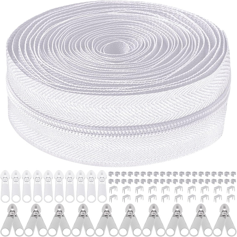 Set de reparații fermoar: 5 kituri, fermoar din nylon de 10 yarzi, 10 mânere de tragere, 10 glisiere cu cap dublu, 60 opritoare superioare și inferioare