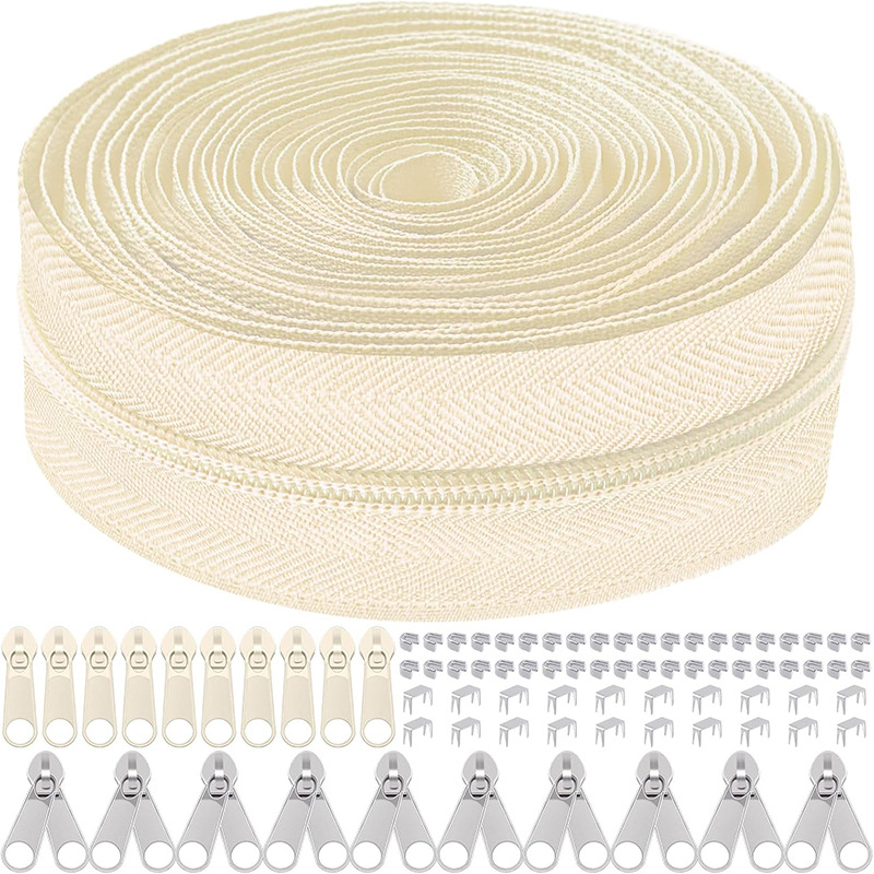 Set de reparații fermoar: 5 kituri, fermoar din nylon de 10 yarzi, 10 mânere de tragere, 10 glisiere cu cap dublu, 60 opritoare superioare și inferioare