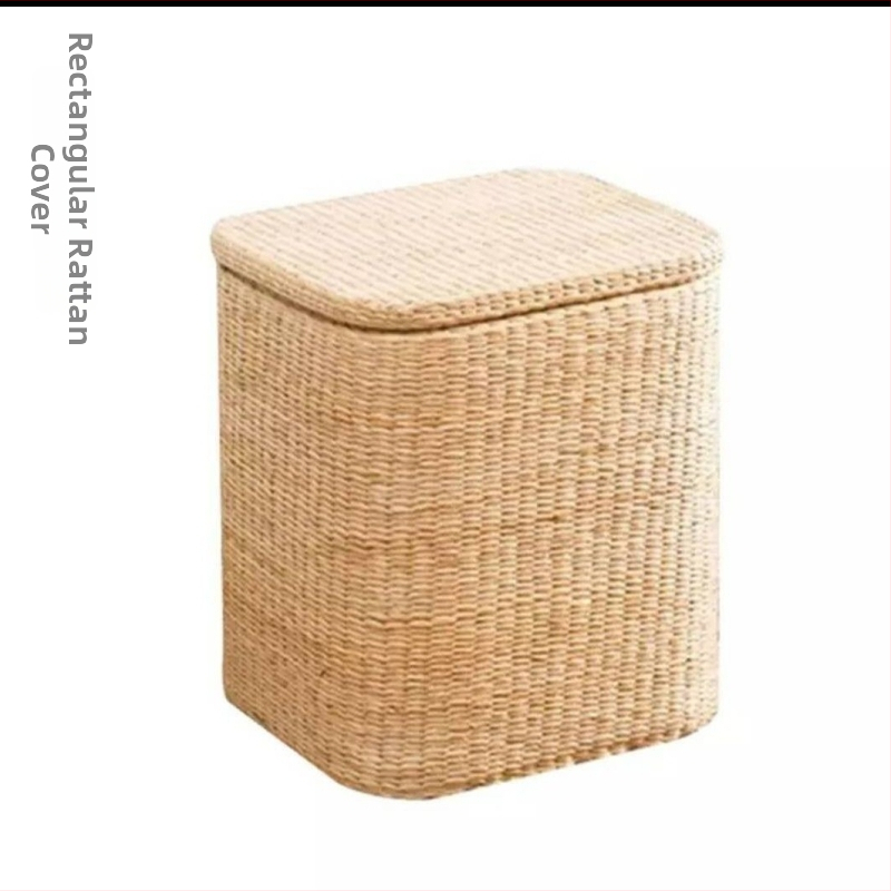 Ručne vyrobený skladovací taburet z pletene slamy, masívne drevo, vidiecky štýl; sedenie, výmena obuvi, podpora nôh, viacúčelový.