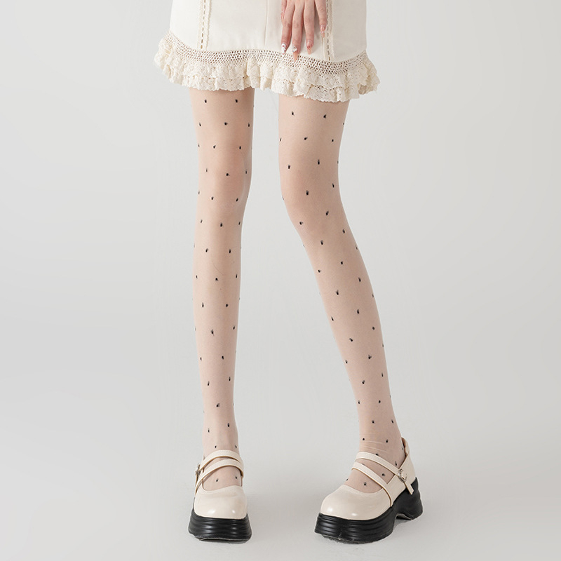 Barna pöttyös női harisnya, vékony, szakadás elleni, Y2K retro jacquard mintázat, tavasz–őszre