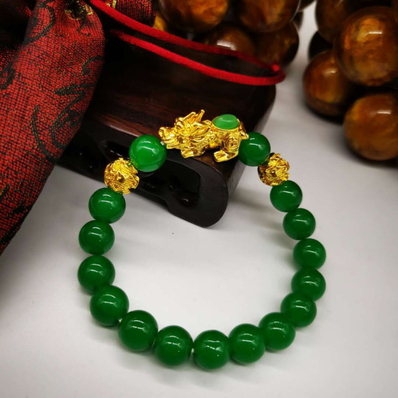 Pozlaćeni Pixiu narukvica sa zelenim kamenjem, obsidijanom i Hetianskim jadeom, kineski stil budističkih perli