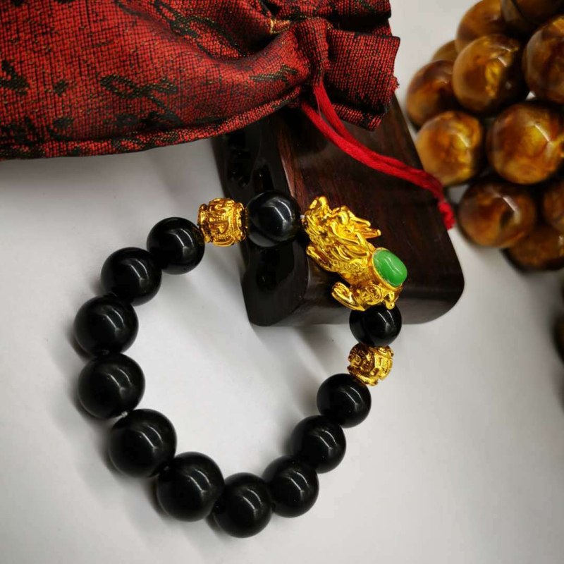 Pozlaćeni Pixiu narukvica sa zelenim kamenjem, obsidijanom i Hetianskim jadeom, kineski stil budističkih perli