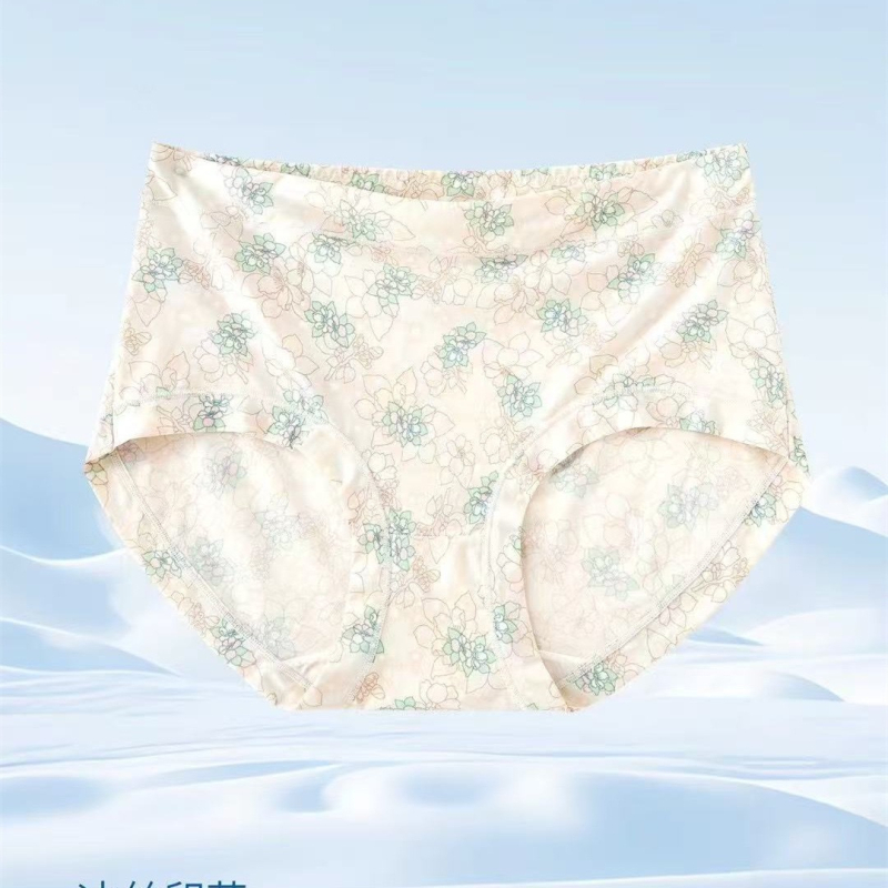 Q072 Ženske gaćice sa srednjim strukom od ledenog svile s prints, udobne, prozračne, brzo se suše, plus veličina, ljeto