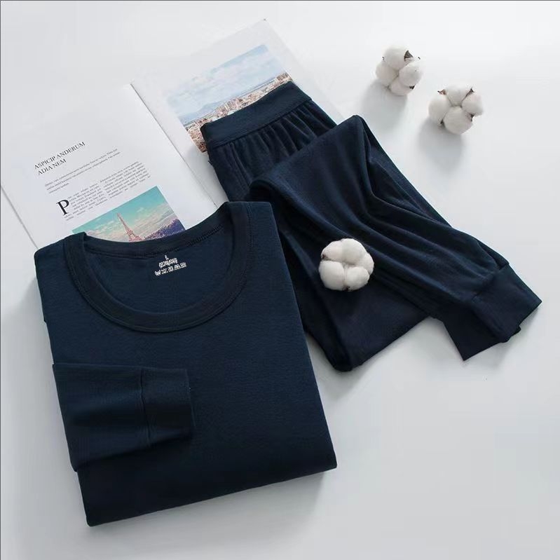 Unisex βαμβακερό σετ θερμικών εσωρούχων για φθινοπωρο-χειμώνα — χοντρό πλεκτό τοπ με μακριά μανίκια και παντελόνια, στρογγυλή λαιμόκοψη