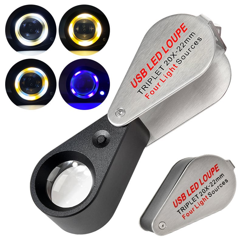 Punjiva lupa s LED osvjetljenjem u četiri boje, 30x povećanje za identifikaciju nakita, dijamanata, antikviteta i jadeita; 10x i 20x povećanje.