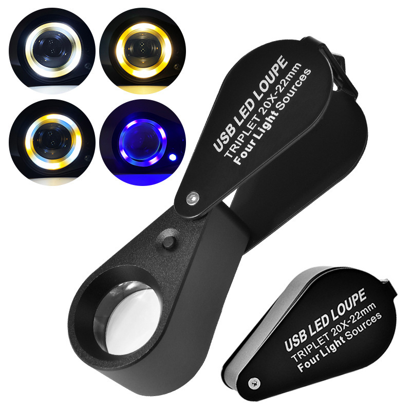 Punjiva lupa s LED osvjetljenjem u četiri boje, 30x povećanje za identifikaciju nakita, dijamanata, antikviteta i jadeita; 10x i 20x povećanje.
