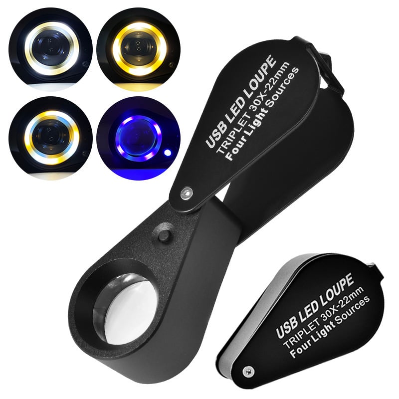 Punjiva lupa s LED osvjetljenjem u četiri boje, 30x povećanje za identifikaciju nakita, dijamanata, antikviteta i jadeita; 10x i 20x povećanje.