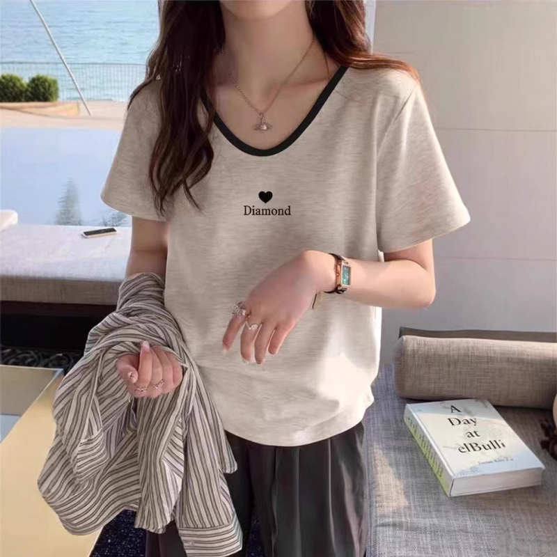 Ženski T‑shirt za plus veličinu, pamuk, color-block, V-izrez, kratki rukavi, slobodan kroj, retro svakodnevni top
