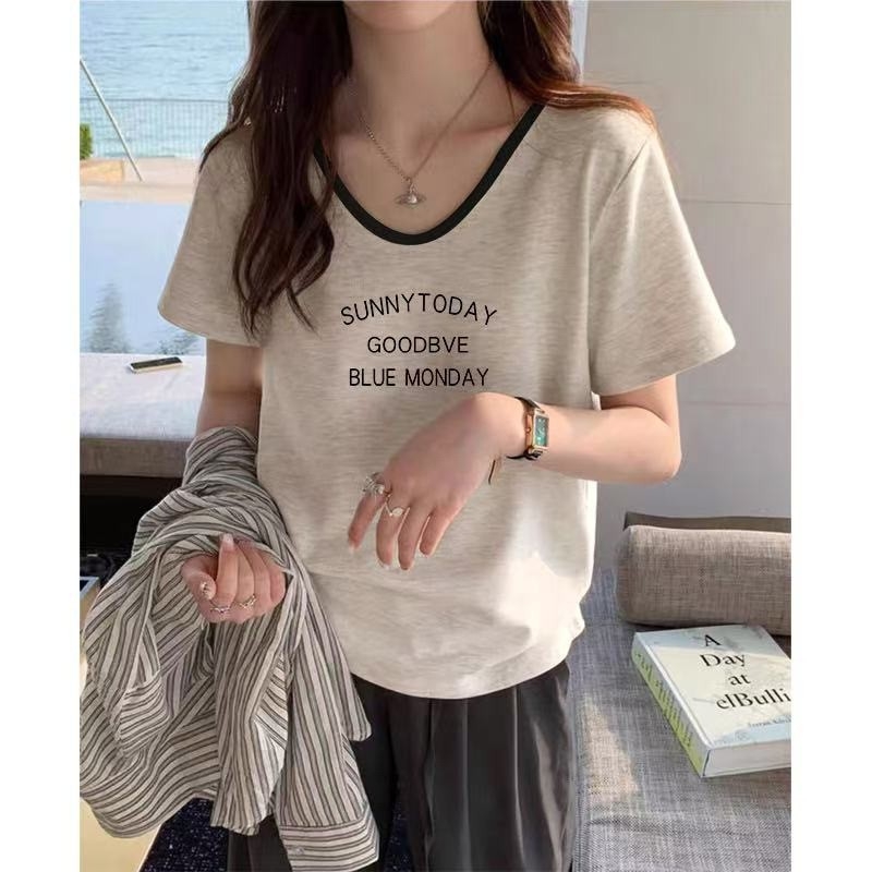 Ženski T‑shirt za plus veličinu, pamuk, color-block, V-izrez, kratki rukavi, slobodan kroj, retro svakodnevni top