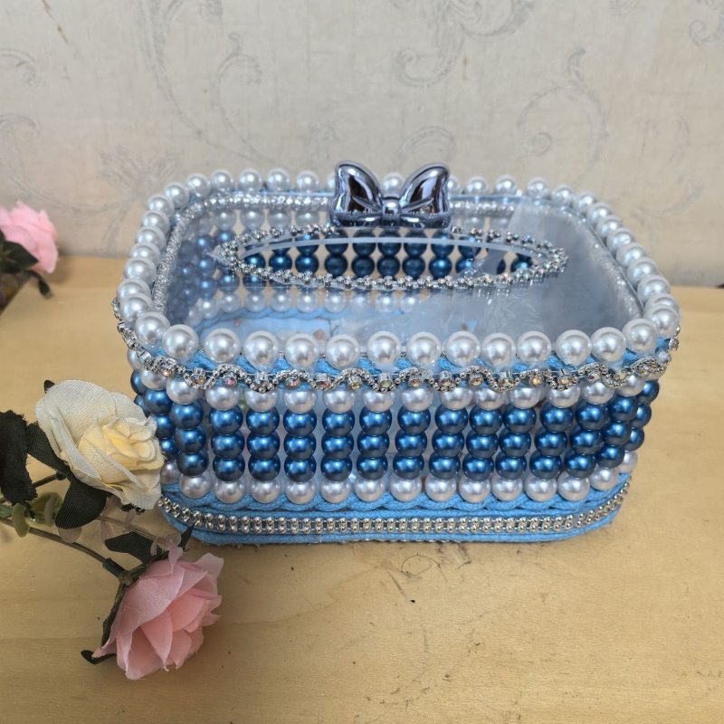 Ručno izrađena kutija za maramice s plavo-bijelim porcelanskim perlama, imitacija bisera, DIY za stol