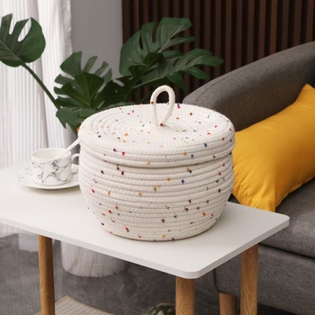 Okrugla košara za skladištenje pletena od pamukovih niti, s poklopcem, višestruka upotreba za jaja, užinu i sitnice
