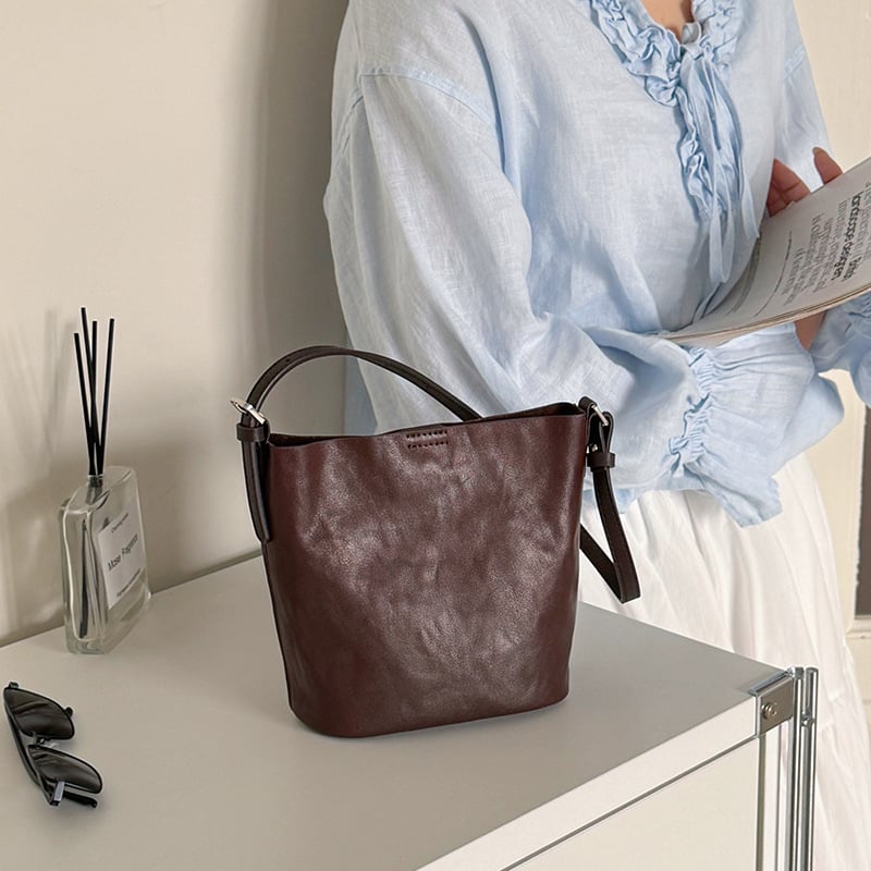 Ženska torbica od prave kože, u obliku košare, minimalistički retro stil, mala crossbody torba
