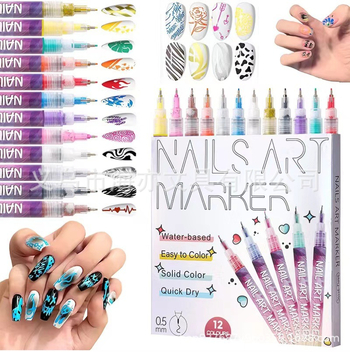 12 színű körömdíszítő toll grafiti stílusban, DIY gyorsan száradó kontúr- és pöttyöző toll, 0,5 mm