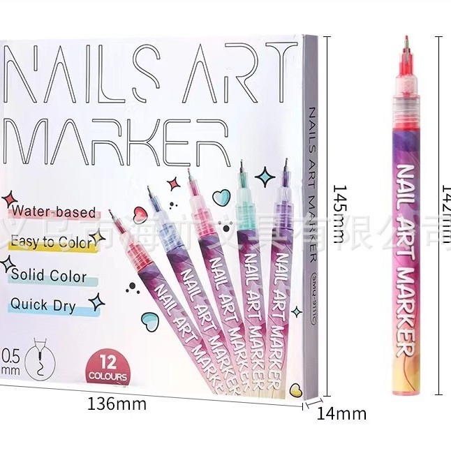 12 színű körömdíszítő toll grafiti stílusban, DIY gyorsan száradó kontúr- és pöttyöző toll, 0,5 mm