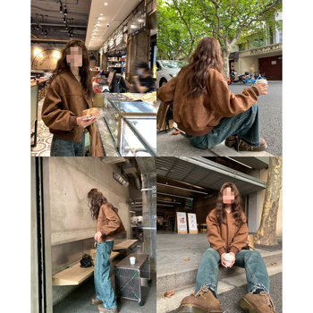 Američka retro deerskin baršunasta baseball jakna za žene, kratka, s polo ovratnikom, gradski stil